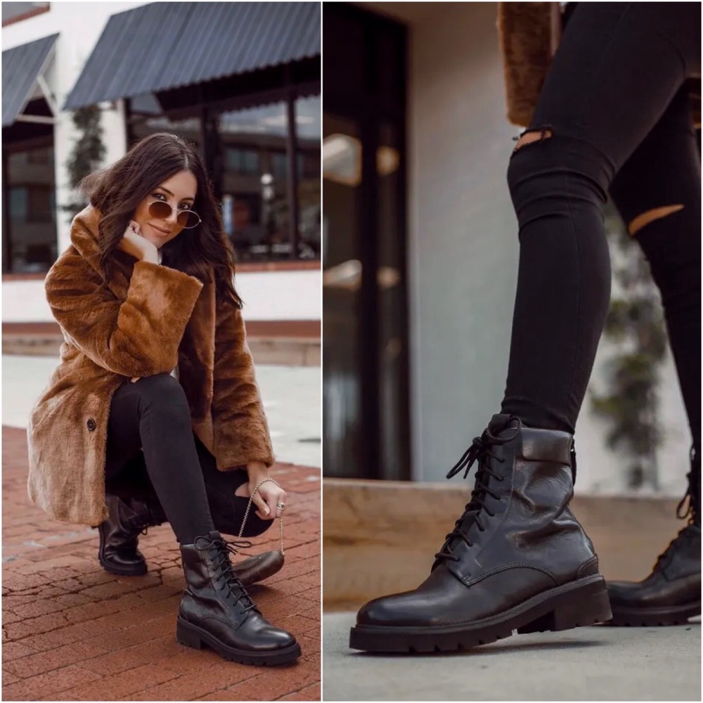 Frye Allison Black Real Leather Retro Streetwear Lug Combat Moto Ankle Booties